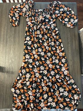 Lush Black Midi Dress with Orange & White Floral Print and Puff Sleeves